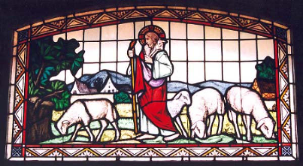 Glas-in-loodraam, voorstellende Jezus als de goede herder.