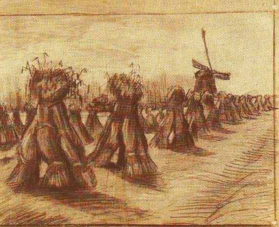 De tekening van Vincent van Gogh: Korenveld met schoven en een molen